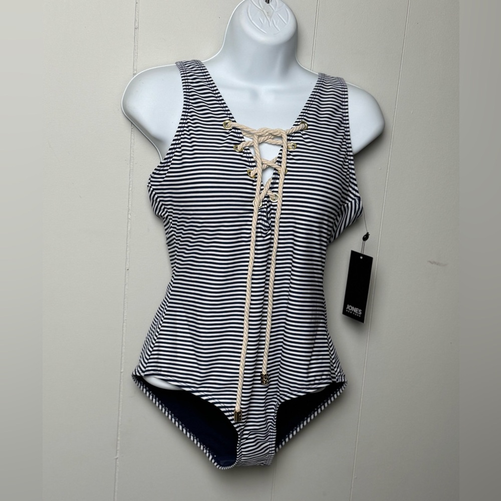 NWT Jones New York Navy and White Striped One Piece Rope Deep Scoop Back Size M